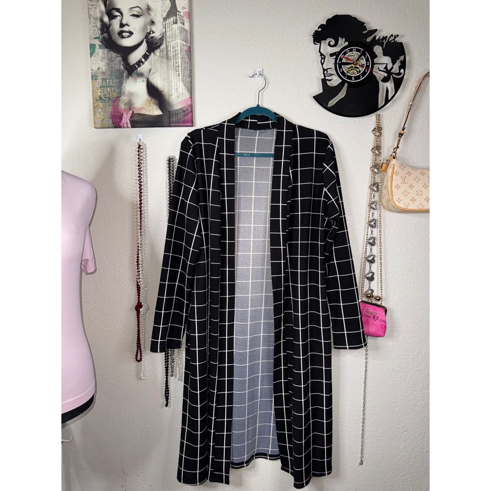 Black and White Windowpane Grid Longline Open Front Duster Cardigan